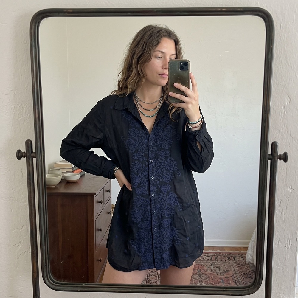 Johnny Was Womens Top Medium Black Embroidered Button Up Shirt Boho Blouse